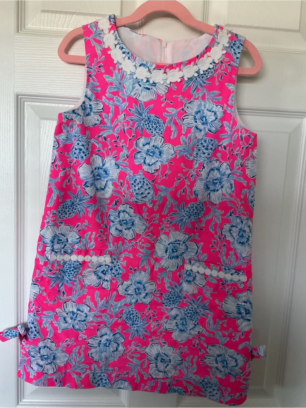 Lilly Pulitzer Pink Tank Shift Dress with Blue Floral & Pineapple Print Size 8